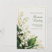 Cream Textured Lily Valley Gold Frame Wedding 招待状 (正面/裏面)