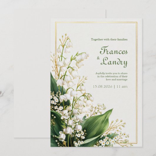 Cream Textured Lily Valley Gold Frame Wedding 招待状 (正面/裏面)