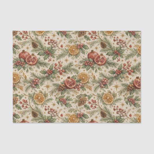 Cream Vintage Botanical Christmas Citrus Pattern 薄葉紙 (正面)