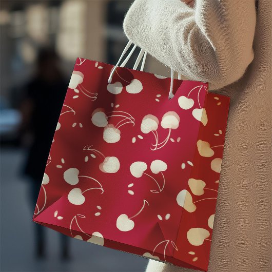 Cream Watercolor Cherries on Red – Valentine  ミディアムペーパーバッグ