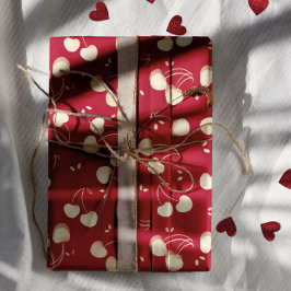 Cream Watercolor Cherries on Red – Valentine  ラッピングペーパーシート
