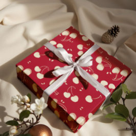 Cream Watercolor Cherries on Red – Valentine  ラッピングペーパー