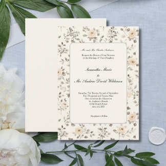 Cream Watercolor Floral Cottagecore Formal Wedding 招待状