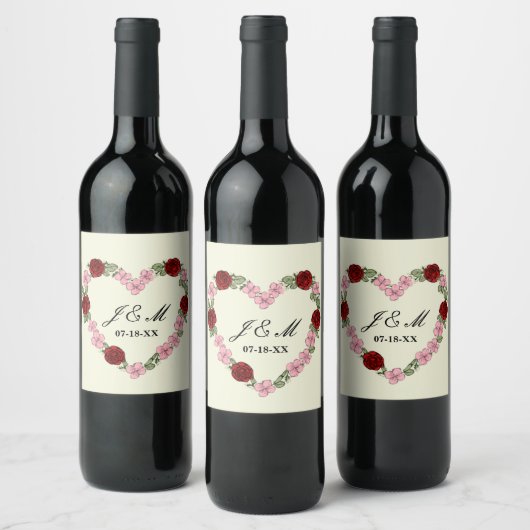 Cream wedding wine label with a pink and red heart ワインラベル (ボトル)