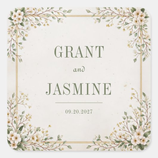 Cream White Dogwood Sage Gold Frame Wedding スクエアシール (正面)