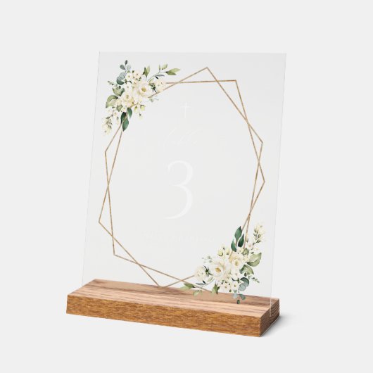Cream White Flowers, Boho, Baptism Table Numbers アクリルサイン (傾斜)