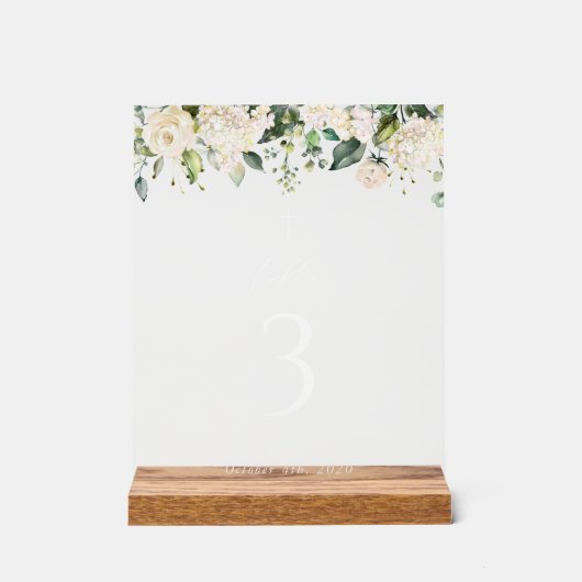 Cream White Flowers, Boho, Baptism Table Numbers アクリルサイン (正面)