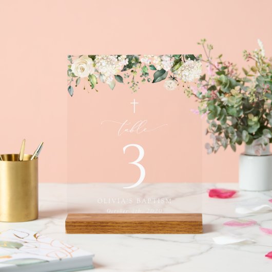 Cream White Flowers, Boho, Baptism Table Numbers アクリルサイン (ウェディング)