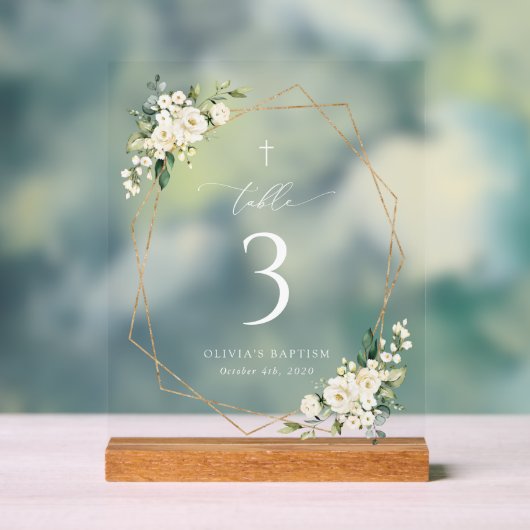 Cream White Flowers, Boho, Baptism Table Numbers アクリルサイン (ニュートラル)