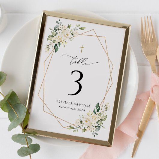 Cream White Flowers, Boho, Baptism Table Numbers テーブルナンバー