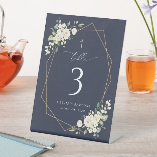 Cream White Flowers, Boho, Baptism Table Numbers 台座サイン (インサイチュ)