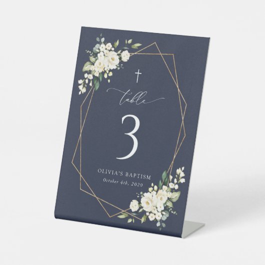 Cream White Flowers, Boho, Baptism Table Numbers 台座サイン (正面)
