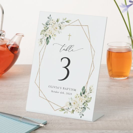Cream White Flowers, Boho, Baptism Table Numbers 台座サイン (インサイチュ)