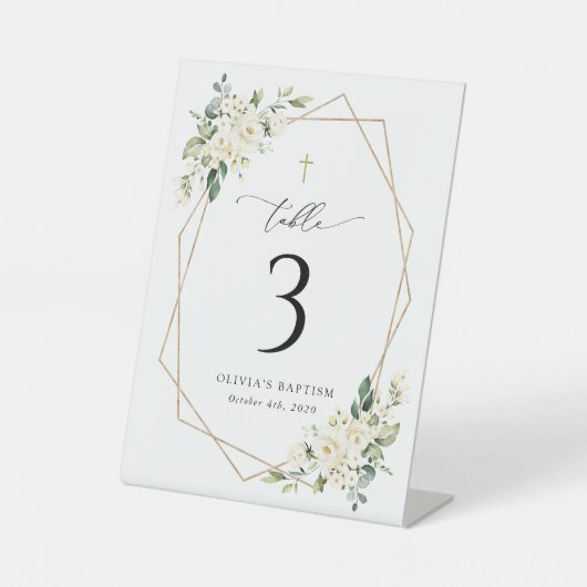 Cream White Flowers, Boho, Baptism Table Numbers 台座サイン (正面)