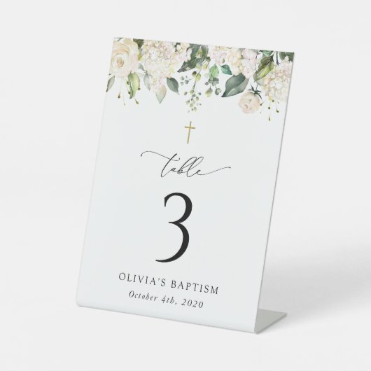 Cream White Flowers, Boho, Baptism Table Numbers 台座サイン (正面)
