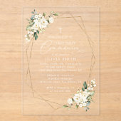 Cream White Flowers, Boho, First Holy Communion アクリル招待状 (正面)