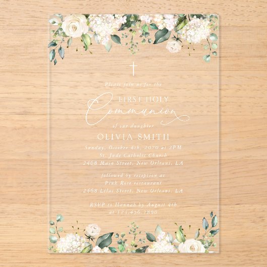 Cream White Flowers, Boho, First Holy Communion アクリル招待状 (正面)