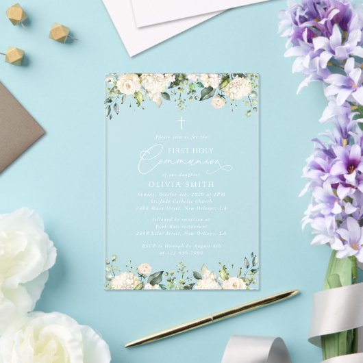 Cream White Flowers, Boho, First Holy Communion アクリル招待状 (インサイチュ (ウェディング))
