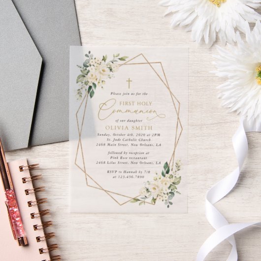 Cream White Flowers, Boho, First Holy Communion ベラム紙招待状 (ウェディング)