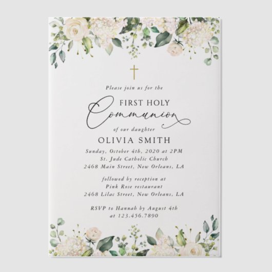Cream White Flowers, Boho, First Holy Communion ベラム紙招待状 (正面)