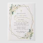 Cream White Flowers, Boho, First Holy Communion ベラム紙招待状 (正面)