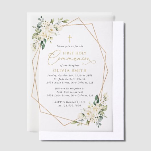 Cream White Flowers, Boho, First Holy Communion ベラム紙招待状 (オフセット)