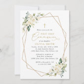 Cream White Flowers, Boho, First Holy Communion 招待状 (正面)