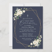 Cream White Flowers, Boho, First Holy Communion 招待状 (正面)