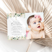 Cream White Flowers, Boho, First Holy Communion 招待状