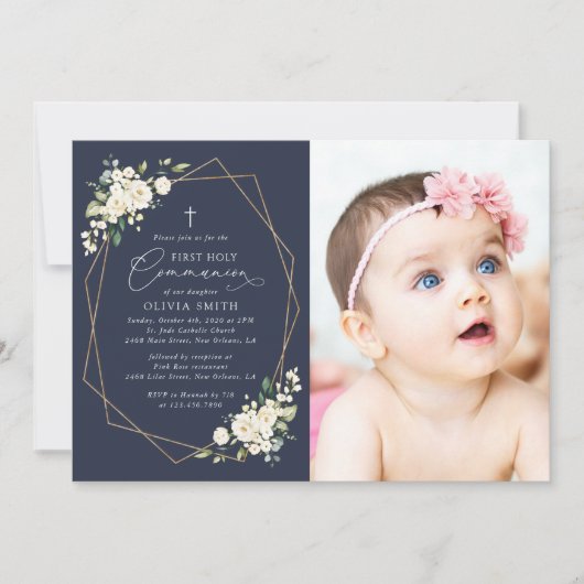 Cream White Flowers, Boho, First Holy Communion 招待状 (正面)