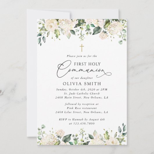 Cream White Flowers, Boho, First Holy Communion 招待状 (正面)