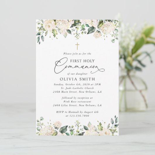 Cream White Flowers, Boho, First Holy Communion 招待状 (スタンド正面)