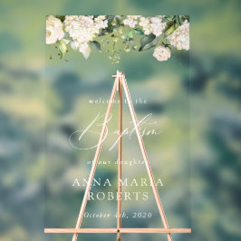 Cream White Flowers, Boho, Floral Baptism Welcome アクリルサイン