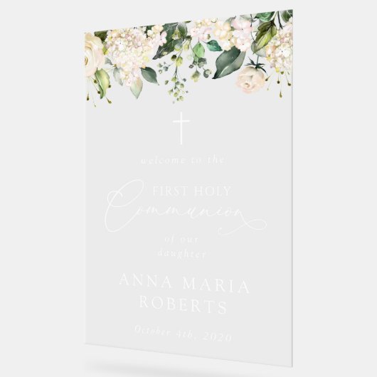 Cream White Flowers, First Holy Communion Welcome アクリルサイン (傾斜)