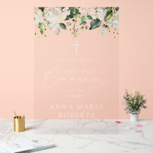 Cream White Flowers, First Holy Communion Welcome アクリルサイン (ウェディング)