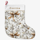 Cream White Gingerbread Bows   ラージクリスマスストッキング (正面)