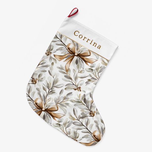 Cream White Gingerbread Bows   ラージクリスマスストッキング (正面 (吊り時))