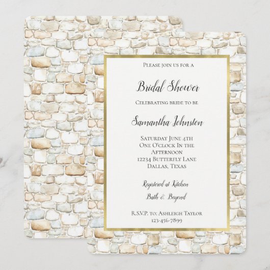 Cream White Grey Faux Stones Bridal Shower 招待状 (正面/裏面)