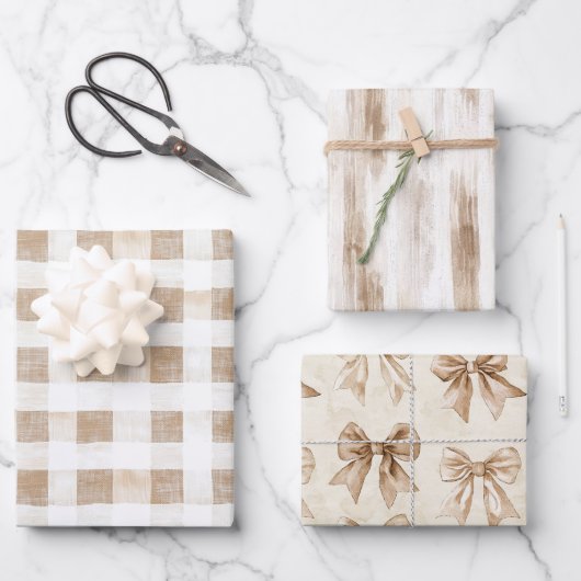 Cream White Plaid Stripes Floral Birthday ラッピングペーパーシート (正面)