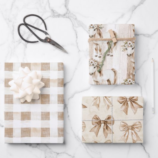 Cream White Plaid Stripes Floral Horse Birthday ラッピングペーパーシート (正面)