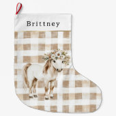 Cream White Plaid Stripes Floral Horse Christmas ラージクリスマスストッキング (正面)