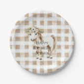 Cream White Plaid Stripes Horse Birthday ペーパープレート (正面)