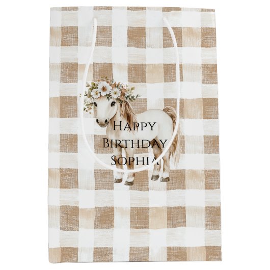 Cream White Plaid Stripes Horse Birthday ミディアムペーパーバッグ (正面)
