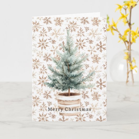 Cream White Snowflakes Christmas Tree  カード (黄色い花)