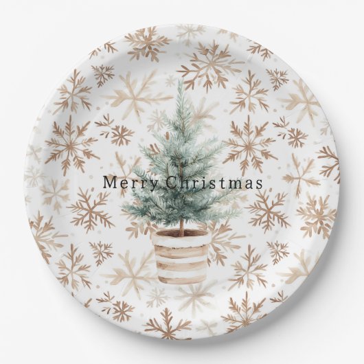 Cream White Snowflakes Christmas Tree  ペーパープレート (正面)