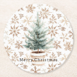 Cream White Snowflakes Christmas Tree  ラウンドペーパーコースター