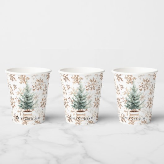 Cream White Snowflakes Christmas Tree 紙コップ (複数)