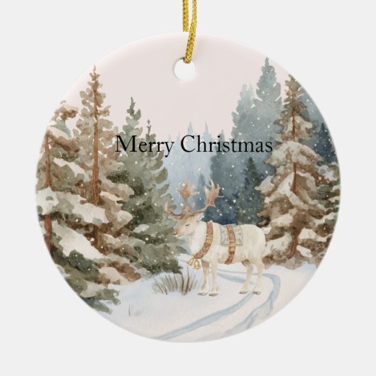 Cream White Stripes Deer Christmas Trees セラミックオーナメント (正面)