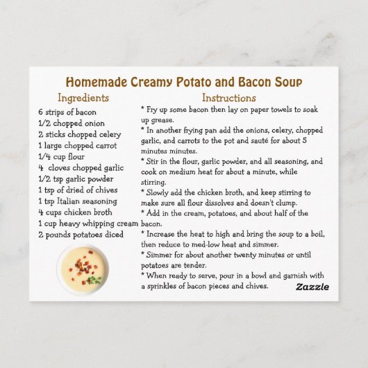Creamy Potato and Bacon Homemade Soup Recipe ポストカード (裏面)