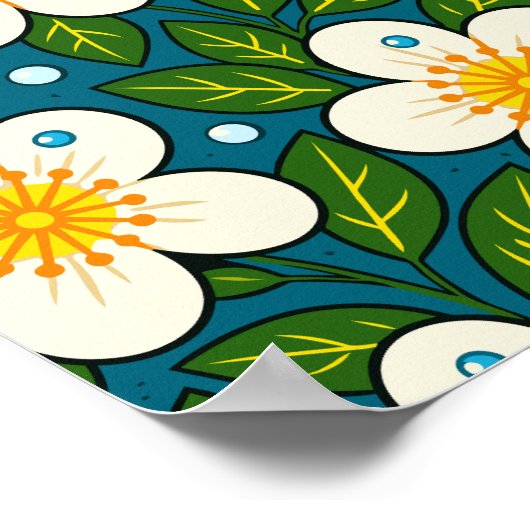 Creamy White Florals Pattern with Green Leaves ポスター (角)